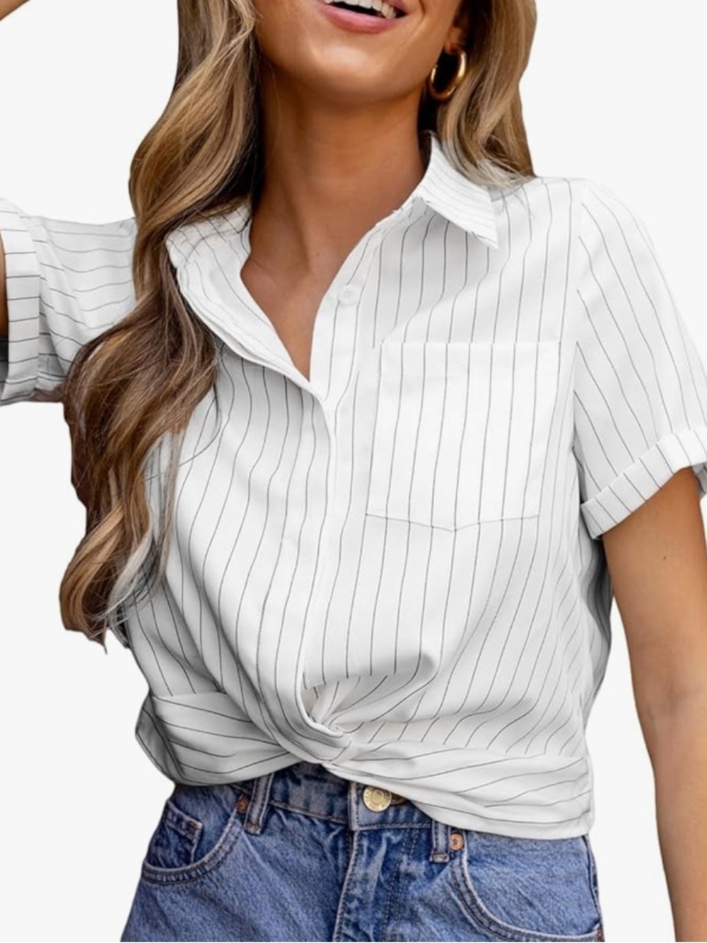 CUPSHE Pinstripe Twist Crop Button Down Blouse Collared XL NWT Office Corpcore
